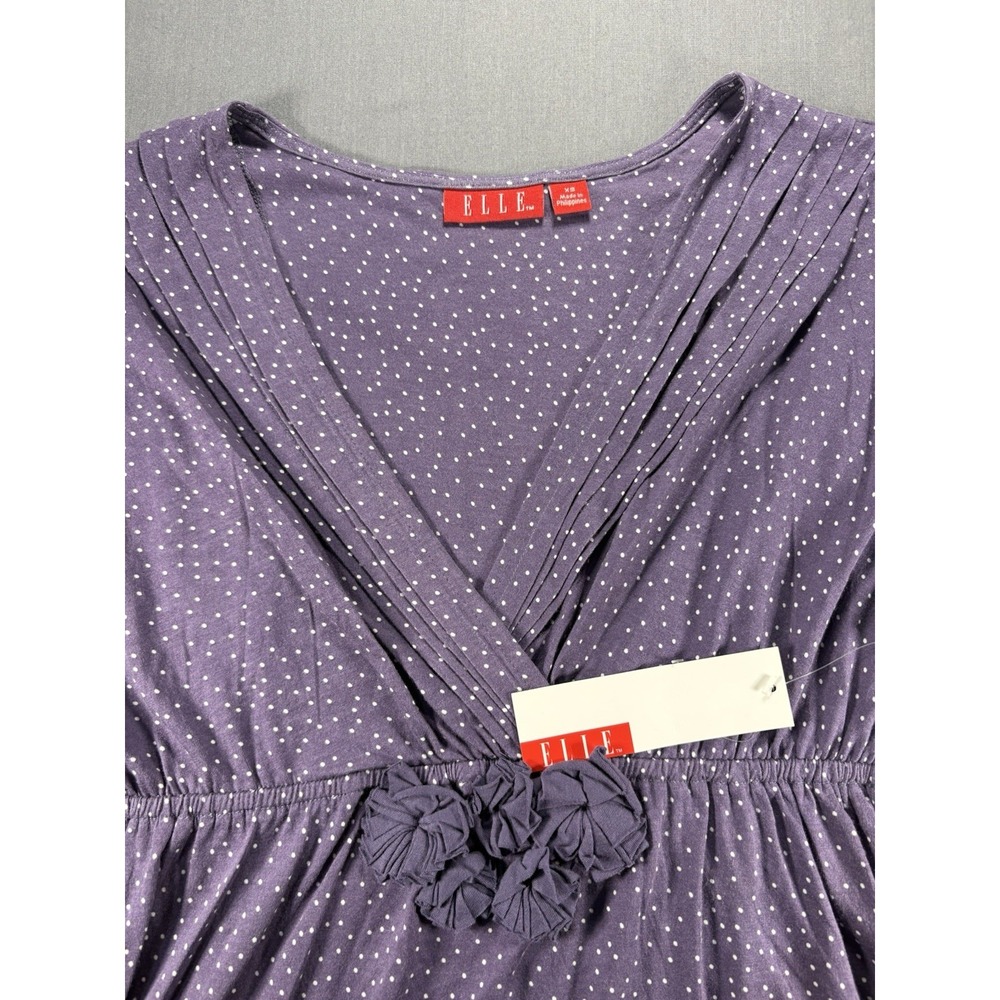 Elle Faux Wrap Top Womens XS Purple Polka Dot Extended Shoulder Empire Waist